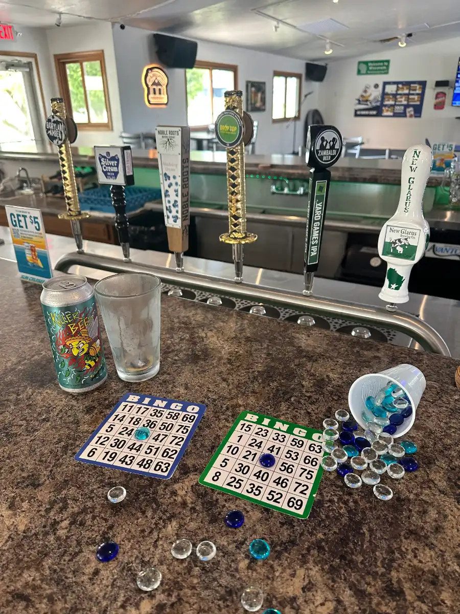 Bingo cards and beads laid out for Monday Bingo Night